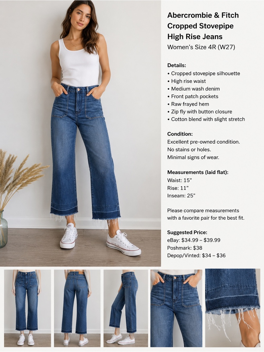 Abercrombie & Fitch Cropped Stovepipe High Rise Jeans Raw Hem Women’s Size 4R W2